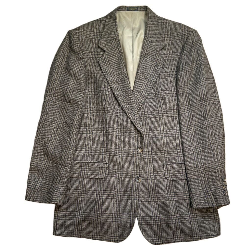 Oscar De La Renta Brown Blue Plaid Wool 2 Button Notched Lapel Blazer Mens‎ 42L
